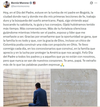 El senador estadounidense difundió un texto por el Día del Padre tras acudir al sepulcro de su progenitor en Bogotá, y vinculó ese gesto con su origen y con valores que afirma haber recibido en la niñez - crédito captura de pantalla @berniemoreno / X