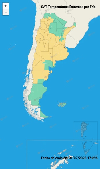 Mapa de Argentina con áreas coloreadas en amarillo y verde, señalando temperaturas extremas de frío, y fecha de emisión 01/07/2026