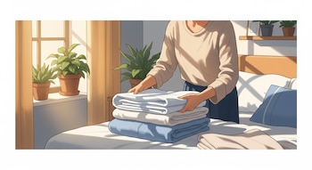 Ilustración de una persona doblando sábanas blancas y azules en una pila sobre una cama en un dormitorio luminoso con plantas en la ventana.