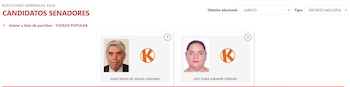 Captura de pantalla de un sitio web que muestra dos fotos de candidatos a senadores, Juan Carlos del Aguila Cardenas y Ledy Sonia Zubiaurr Cerdeira, con el logo 'K'