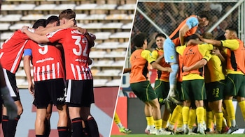 Imagen dividida. Jugadores con camiseta roja y blanca abrazados a la izquierda. Jugadores con camiseta amarilla, verde y pechera naranja abrazados a la derecha