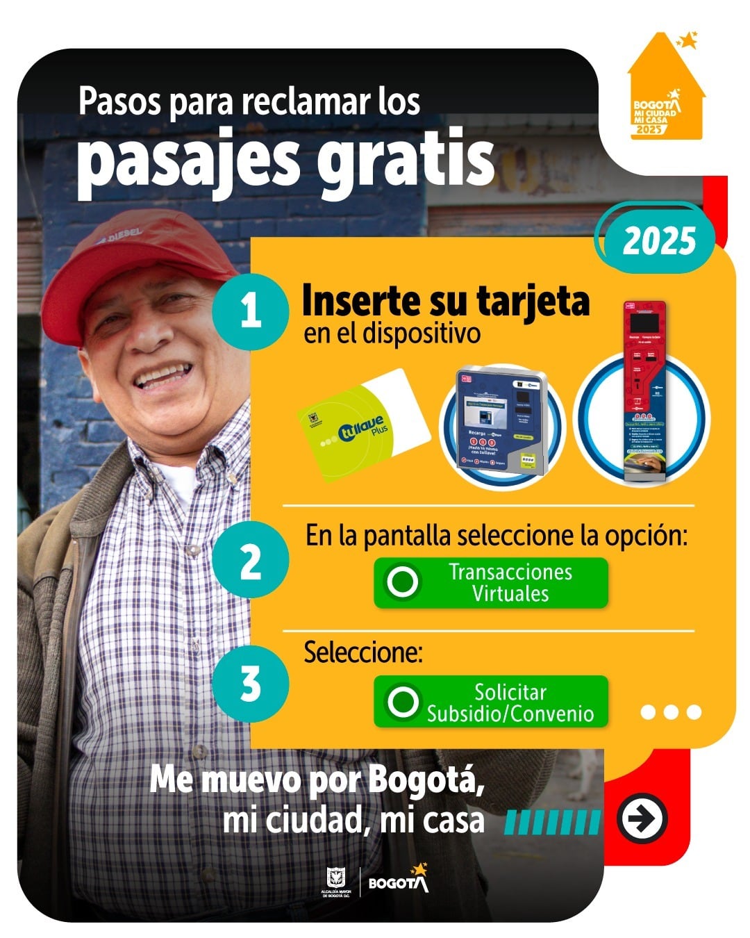 Las personas beneficiarias pueden activar el subsidio con la tarjeta TuLlave personalizada en taquillas de Transmilenio o puntos automáticos, sin inscripción previa y de forma gratuita - crédito Secretaría de Integración Social