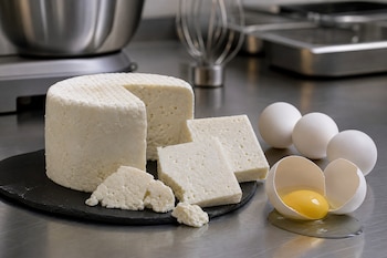 Un queso blanco cortado en porciones sobre un plato negro, huevos enteros y un huevo abierto en una superficie metálica.