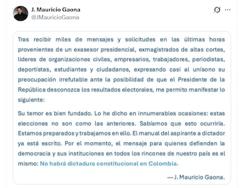 El abogado aseguró que las actuales elecciones no son comparables con procesos anteriores y señaló que existen riesgos institucionales en escenarios de disputa electoral - crédito @JMauricioGaona/X