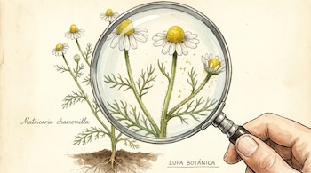 Una ilustración detallada de una planta de manzanilla (Matricaria chamomilla) con flores, tallos y raíces, vista parcialmente a través de una lupa sostenida por una mano.