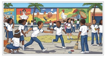 Un grupo de niños y niñas con uniformes escolares juega en un patio con un mural de colores vivos al fondo, mostrando palmeras, figuras humanas y animales.