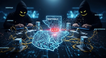 Dos hackers encapuchados teclean frente a un mapa digital de Guatemala con una alerta roja, rodeado de edificios gubernamentales y líneas de datos.