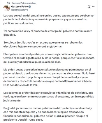 Petro afirmó que seguirán trabajando para dejar todo listo al próximo gobierno - crédito @petrogustavo/X