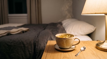 Una taza de cerámica con té de manzanilla humeante, un plato, una cuchara y una lámpara encendida sobre una mesa de madera junto a una cama.