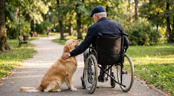 Hombre de espaldas en silla de ruedas acaricia a un perro golden retriever sentado en el camino de un parque.
