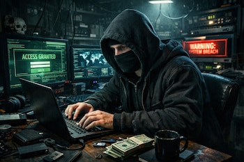 Un ciberdelincuente encapuchado y enmascarado teclea en un portátil. Monitores muestran 'ACCESO CONCEDIDO' y 'VIOLACIÓN DEL SISTEMA'. Billetes en el escritorio.