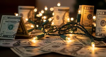 Una guirnalda de luces navideñas con bombillas cálidas se enreda sobre billetes de dólar estadounidenses de diversas denominaciones.