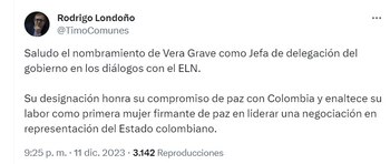 Rodrigo Londoño dice que el nombramiento de Vera Grabe honra su compromiso con la paz de Colombia - crédito @TimoComunes