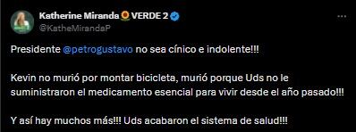 Katherine Miranda sobre palabras de Petro por la muerte del menor de 7 añso que falleció por falta de entrega de medicamentos por aprte de le Nueva EPS, sufría de hemofilia - crédito @KatheMirandaP/X