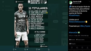 Once titular - Deportivo Cali, ida de los cuartos de final de la Copa BetPlay 2021 / (Twitter: @AsoDeporCali)