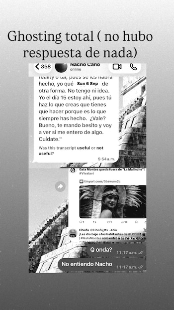 Captura de pantalla de un chat con fragmentos de mensajes de texto, enlaces a noticias y el título superior Ghosting total