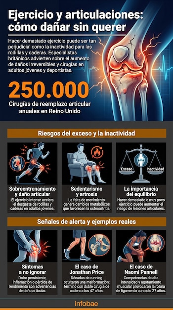 Infografía con título sobre ejercicio y articulaciones. Muestra ilustración de rodilla, figuras humanas con dolor, ejemplos de casos y datos de Reino Unido.