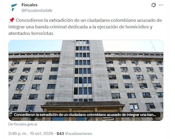 El anuncio por parte de las autoridades argentinas se hizo el jueves 15 de octubre de 2026 - crédito @FiscalesGobAr/X