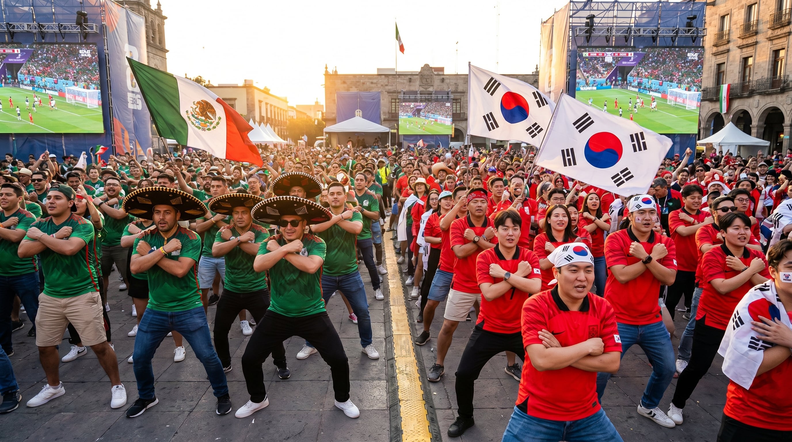 Aficionados de México y Corea del Sur bailan el icónico
