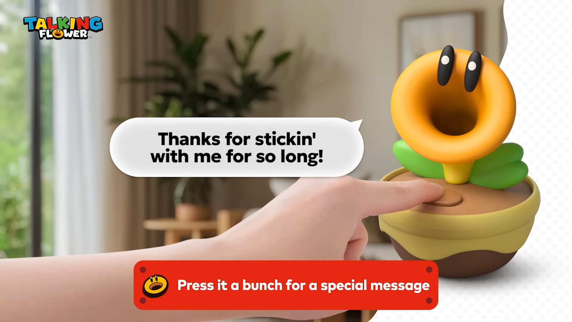 El dispositivo permite la interacción directa mediante un botón que activa conversaciones y frases especiales en la Flor Parlante. (Nintendo)