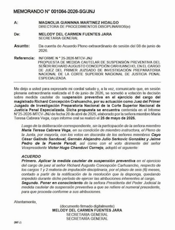 Documento oficial con membrete 'MEMORANDO N° 001064-2026-SG/JNJ' detallando la suspensión del juez Richard Concepción Carhuancho por seis meses
