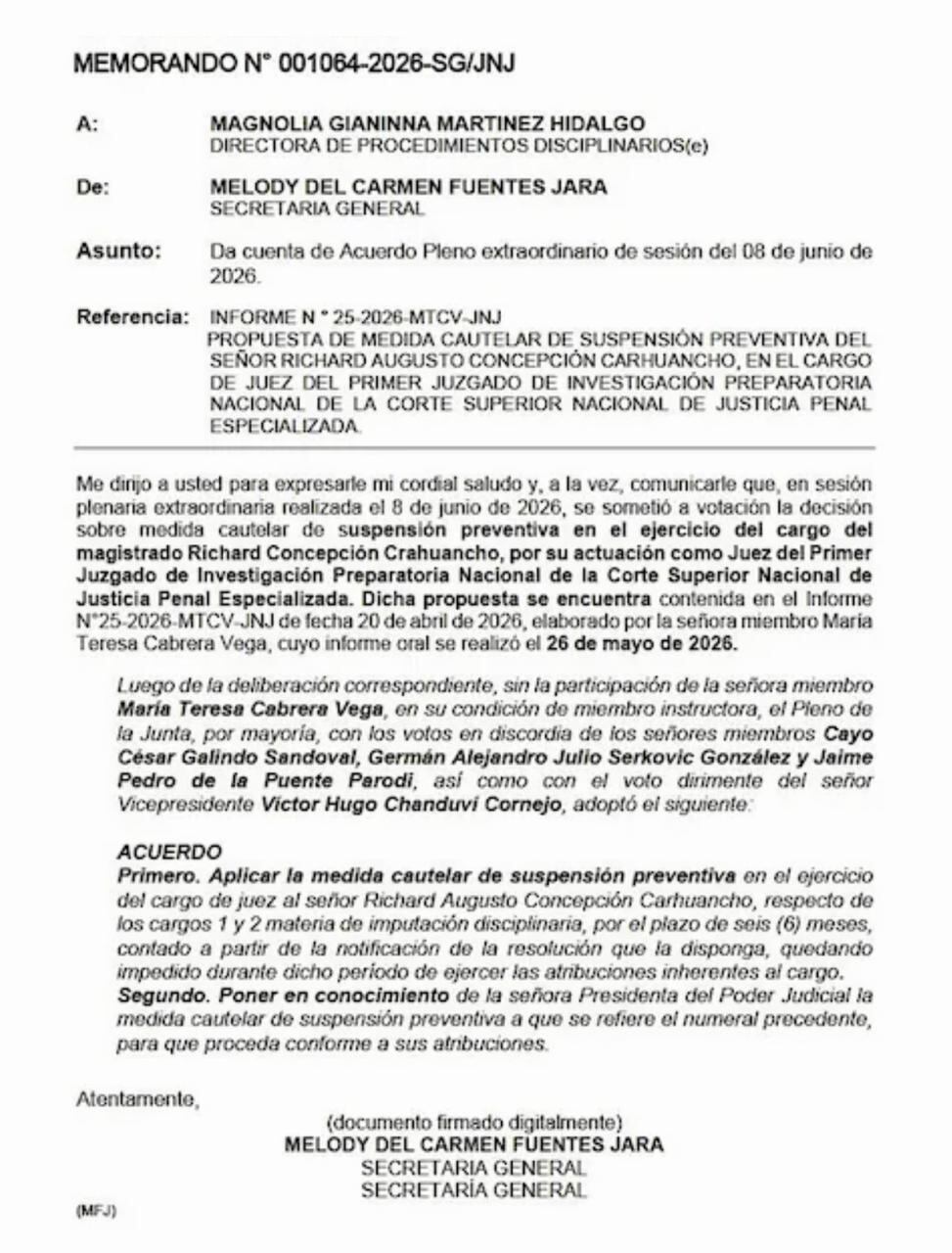 La Junta Nacional de Justicia (JNJ) suspende por seis meses al juez Richard Concepción Carhuancho de su cargo, según un memorando oficial.