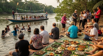 Grupo de personas en un río y en la orilla, junto a platos de comida sobre una alfombra, con un bote turístico navegando en el fondo y vegetación densa.