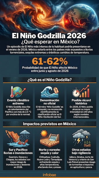 Infografía sobre El Niño Godzilla 2026. Muestra la Tierra rodeada por un patrón de nubes y olas, con el mapa de México resaltado, y gráficos con efectos climáticos.