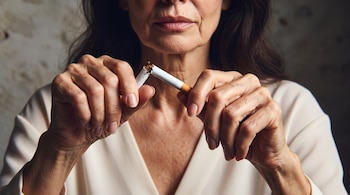 Manos de una mujer que rompen un cigarrillo por la mitad frente a una blusa clara y un fondo neutro.
