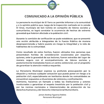La Defensoría del Pueblo, Ascamcat y la Personería de San Calixto reclamaron cumplir el DIH y reforzar la protección de la población civil - crédito Ascamcat / X