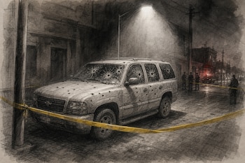 Ilustración de una camioneta con impactos de bala y cristales rotos, rodeada por cinta amarilla debajo de un farol encendido.
