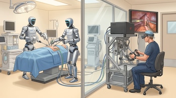 Dos robots ARC Lab operan a un paciente; un médico con gafas de realidad virtual controla los instrumentos desde una sala adyacente, con monitores.