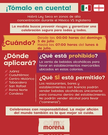 Infografía roja con texto sobre Ley Seca en Ciudad de México. Muestra fechas, colonias afectadas, restricciones de alcohol y banderas de México e Inglaterra