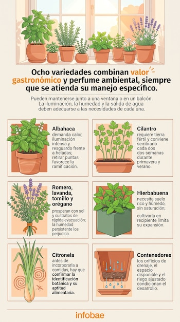 Ilustración de varias macetas con plantas aromáticas en un alféizar y seis recuadros explicativos con textos sobre su cultivo.