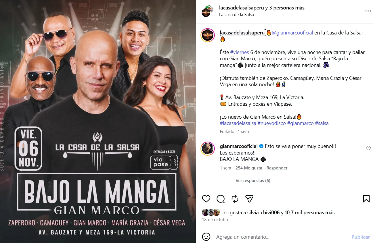 Una publicación en redes sociales promociona la presentación del cantautor Gian Marco junto a otros artistas en el local La Casa de la Salsa en Lima.