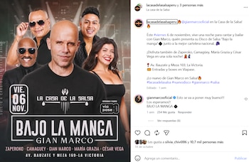 Afiche digital con retratos de Gian Marco y otros músicos que anuncia un concierto el seis de noviembre en La Casa de la Salsa