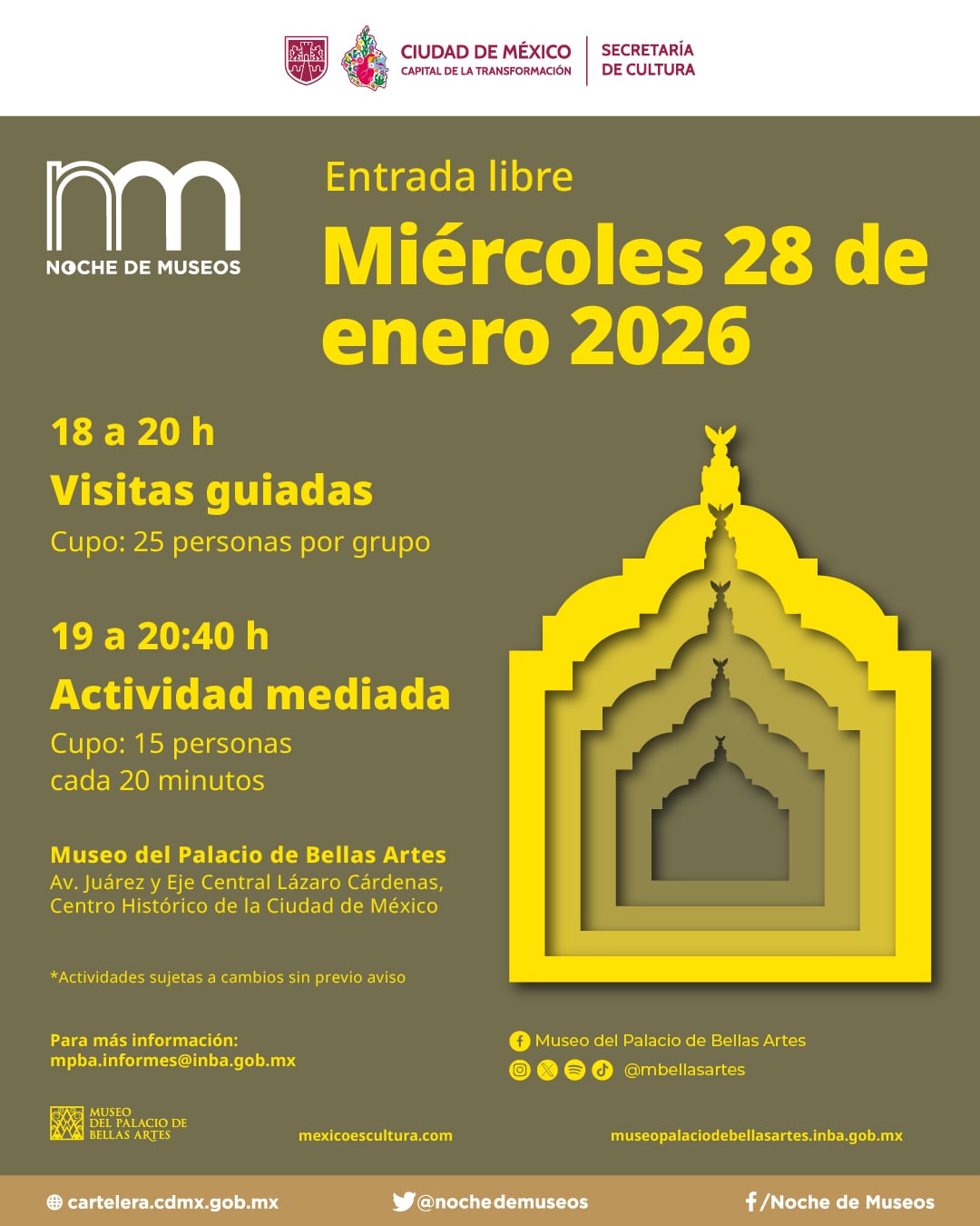 El Palacio de Bellas Artes invita a redescubrir sus salas y exposiciones en horario nocturno.