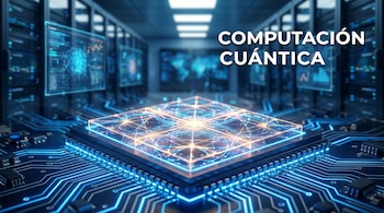 Chip de computador cuántico luminoso en una placa de circuito con líneas azules, fondo de centro de datos borroso y el texto "COMPUTACIÓN CUÁNTICA".
