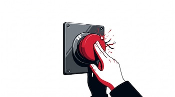 Ilustración de una mano que presiona un botón rojo montado sobre un panel metálico con cables desconectados y chispas rojas.