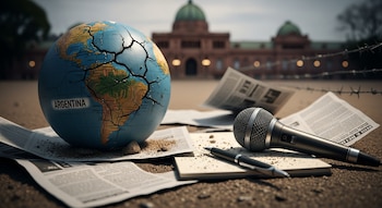 Un globo terráqueo agrietado con 'ARGENTINA' sobre Sudamérica, periódicos, un micrófono, cuaderno y bolígrafo, con alambre de púas y un edificio gubernamental borroso al fondo.