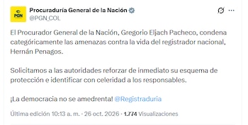 El procurador Gregorio Eljach pidió identificar con rapidez a los responsables de las intimidaciones - crédito @PGN_COL/X