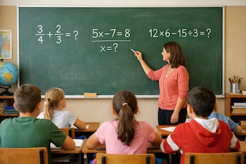 Una maestra escribe en un pizarrón con tres problemas de matemáticas. Varios niños sentados en pupitres la miran. Hay un globo terráqueo y lápices de colores.