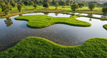 Vista aérea de arrozales inundados con vegetación verde, agua cristalina que contiene peces y árboles dispersos en el fondo.