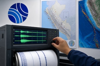 Una mano ajusta un sismógrafo con pantalla de ondas verdes y papel grabado, delante de dos mapas de Perú y un logotipo circular.