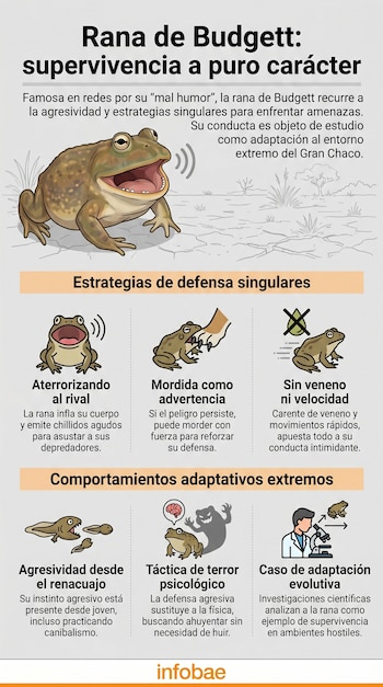 Infografía ilustra la rana de Budgett con la boca abierta, acompañada de seis viñetas que detallan sus estrategias de defensa y comportamientos adaptativos.