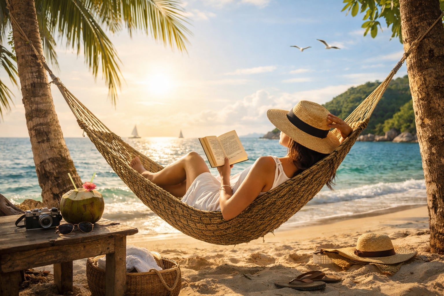 Una mujer descansa serenamente en una hamaca atada entre palmeras en una playa tropical, leyendo un libro mientras el sol se pone sobre el océano. (Imagen Ilustrativa Infobae)