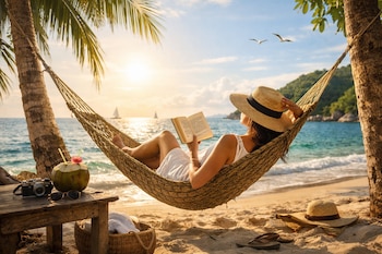 Mujer con sombrero en hamaca entre palmeras lee un libro. Playa con océano, veleros y sol. Mesa con bebida de coco, cámara y gafas.