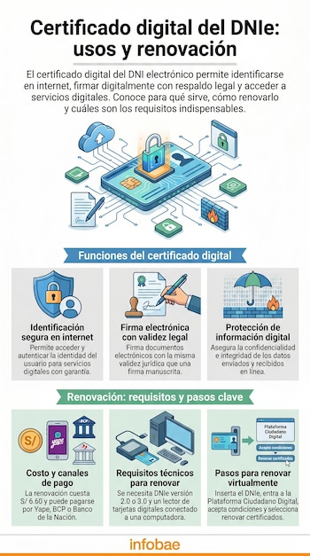 Infografía con título, texto introductorio e iconos que representan un certificado digital, identificación, firma, protección de datos, dinero, teléfono, computadora y DNI.