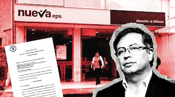Hombre con gafas en blanco y negro rodeado de papel periódico rasgado, un documento judicial y la fachada de Nueva EPS en tonos rojos y negros, estilo risográfico.
