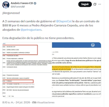 Andrés Forero, senador del Centro Democrático, reveló los detalles de la oferta a Alejandro Carranza - crédito @AForeroM/X